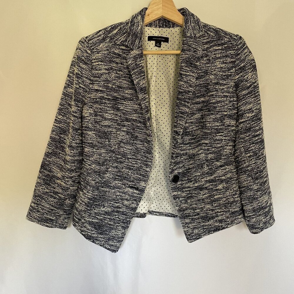 Ann Taylor Womens Tweed Knit Blazer Jacket Size 6 Black & White Polka Dot Lining